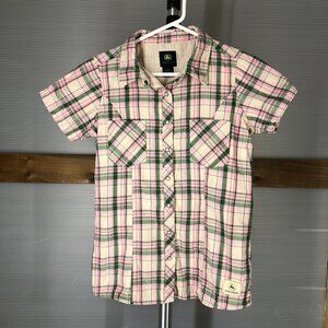 John DEERE Plaid Short Sleeve Buttoned Western Shirt Top Cream Pink Green Sz S